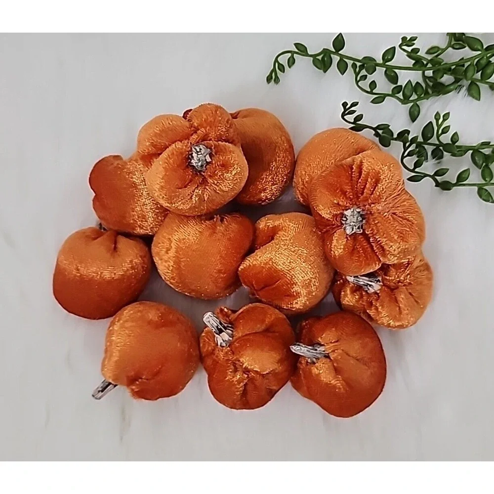 Mini Orange Velvet Stuffed Pumpkins Halloween Thanksgiving Craft Decor‎ 12 Pc